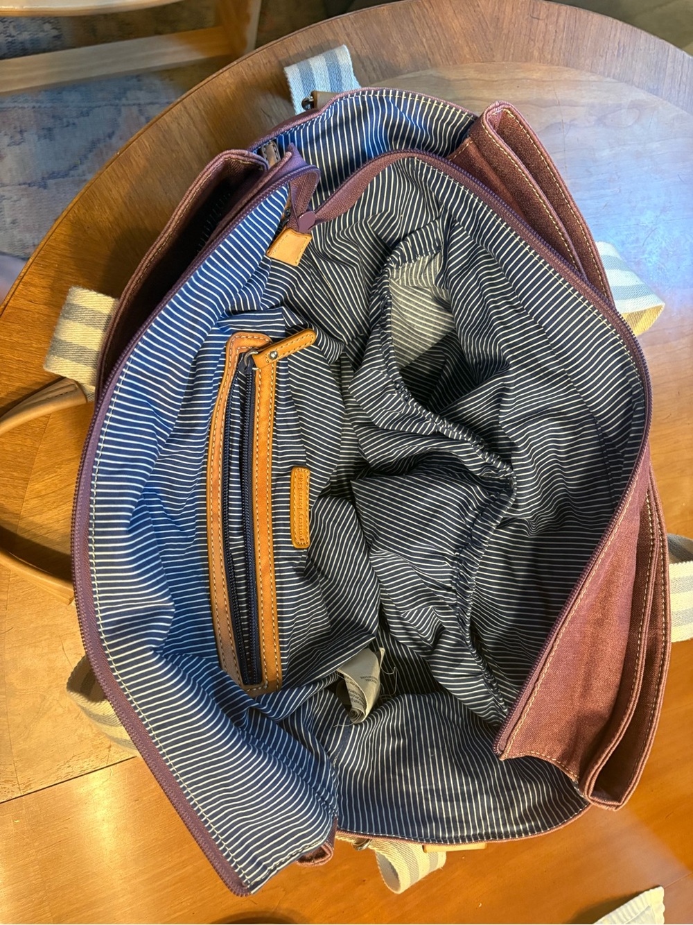 Pottery Barn Kids Light Purple/Plum Canvas Baby Bag with Navy Stripe Lining